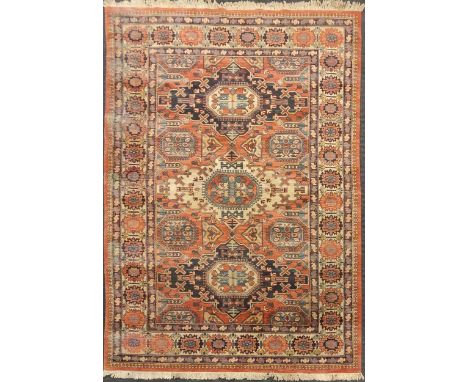 A Soumak rug, 297 x 200cmFading to the colour throughout commensurate with age and use. Some areas of discolouration and stai