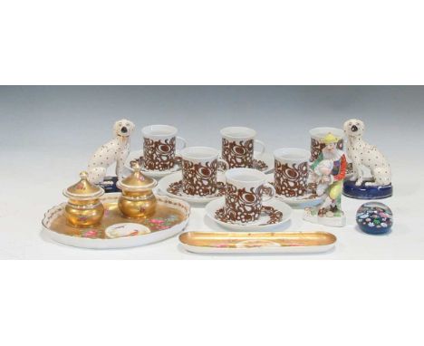 A quantity of mixed ceramics to include a pair of small Staffordshire dogs, a gilt and painted Dresden inkstand and pen tray 