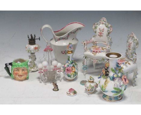 A collection of miniature Continental vases, decorated with relief flowers, together with various miniature items to include,