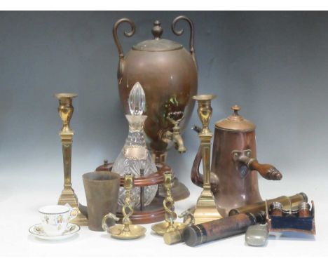 Three small brass telescopes, opera glasses, copper chocolate pot, copper urn with tap, cut glass decanter with stand, child'