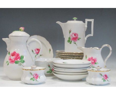 'Dresden' (cross swords mark) floral pattern tea and coffee service with teapot, coffee pot and milk jug, 10 side plates, 6 s