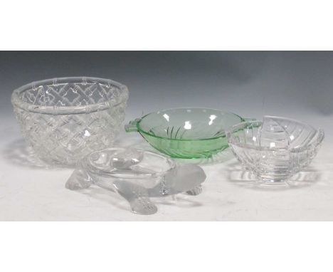 A modern Daum glass tortoise dish, a modern Tiffany glass bowl, a modern Baccarat leaf moulded dish, and an Art Deco green gl