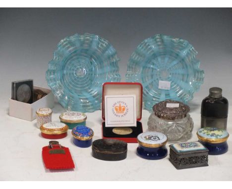 Four Halcyon Days enamel boxes, 2 others, tortoiseshell box (a/f), silver top jar, two small Venetian style pale blue glass d