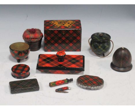 A collection of Tartanware including snuff boxes, boxes and a miniature cauldronMarkings and scratchings to the exterior thro