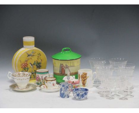 A mounted claret jug, various ceramic cups, saucers and vessels including Royal Doulton for McVitie &amp; Price biscuit barre