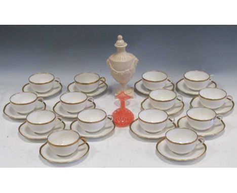 Theodore Haviland Limoges gilt edged part tea service with 15 cups and 14 saucers; a Naples vase; an orange striped glass vas
