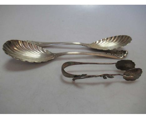 A pair of Victorian silver salad servers, together with a par of Art Nouveau silver sugar nips by Liberty &amp; Co 7.3ozt gro