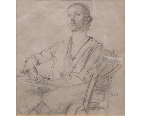 Joseph Rodney Burn, pencil study of a seated woman, signed with initials, 24 x 23cm; together with Girl in the Bath I, a repr