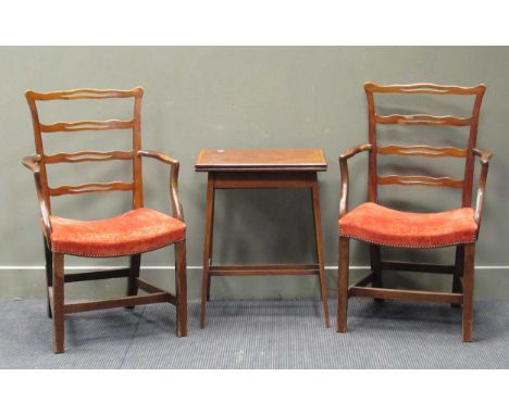 A pair of George III style mahogany ladder back chairs together with an Edwardian fold over card table 68 x 38 x 53cm (closed