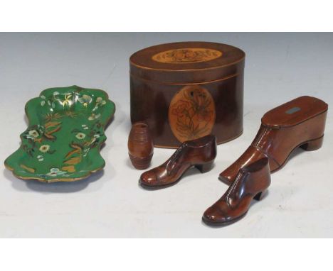 A small inlaid tea caddy, together with a wooden nutmeg grater, and various wooden shoes (6)the metal grate is there and in w