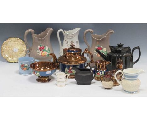 A collection of ceramic wares to include an 18th century teapot and black basaltware cream jug, lusterware, a pair of water j