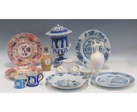 A collection of ceramics to include an 18th/early 19th Wedgwood scent bottle, a Wedgewood blue jasperware two-handled vase an