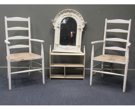 A pair of white painted ladder back chairs together with a white painted open wall shelf 59 x 61 x 16cm and a mirror 77 x 63c