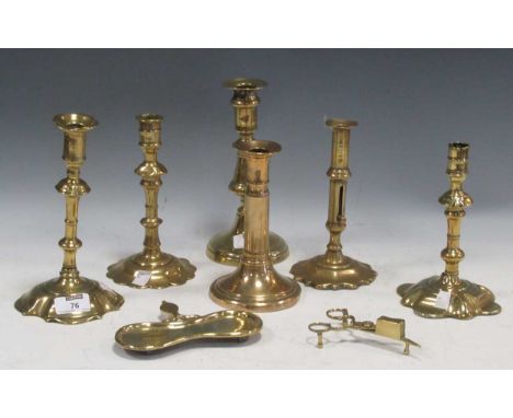 William Lee 18th century brass candlestick (signed), five other 18th/19th century brass candlesticks and snuffersScuffing and