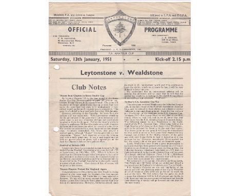 Leytonstone v Wealdstone 1951 January 13th FA Amateur Cup-Tie horizontal and vertical creases hole punched left toned