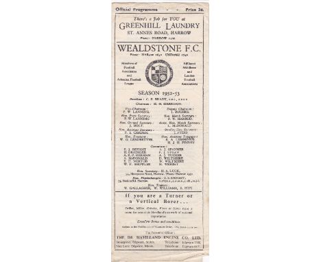Wealdstone v Finchley 1952 August 30th horizontal crease score and team change in pen newspaper report included also Finchley