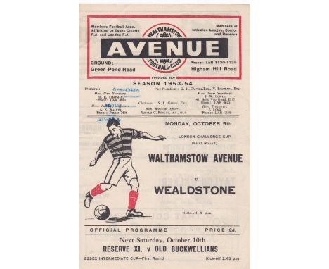Walthamstow Avenue v Wealdstone 1953 October 5th London Challenge Cup First Round vertical crease team change in pen (bled th