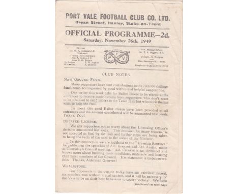 Port Vale v Wealdstone 1949 November 26th Cup Tie no staple rust mark pages loose all there bit crinkled
