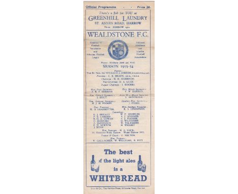 Wealdstone v Edgware Town 1954 February 13th Middlesex Senior Cup First Round Proper horizontal crease team change in pen