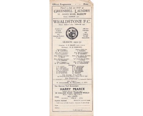 Wealdstone v Uxbridge 1951 September 29th FA Cup First Round Qualifying Competition horizontal crease score in pencil