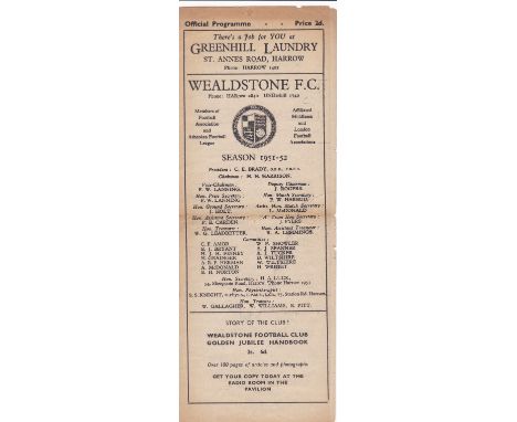 Wealdstone v Edgware Town 1952 January 19th Middlesex Senior Cup First Round Competition Proper horizontal crease toned