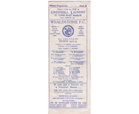 Finchley v Hounslow Town 1953 April 25th Middlesex Senior Cup Final played at Wealdstone horizontal crease score and team cha