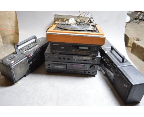 A WHARFEDALE TURNTABLE, a Bush bakelite radio and four other items of vintage and modern Hi-Fi equipment