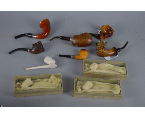 SIX MEERSCHAUM/WOODEN PIPES OF DIFFERENT STYLES AND MANUFACTURE, possibly British and Continental, together with four clay pi