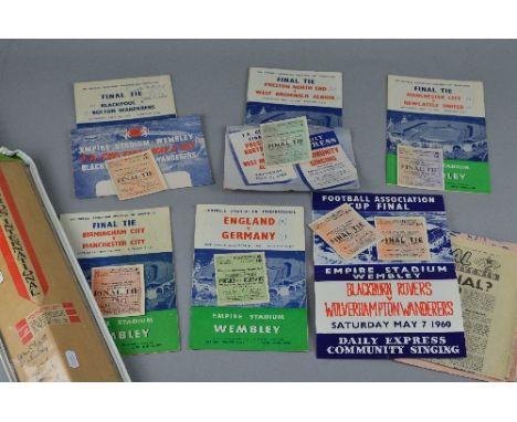 A SMALL COLLECTION OF 1950'S F.A. CUP FINAL PROGRAMMES, to include Blackpool v Bolton Wanderers 1953, with ticket stub and Da