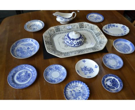 A large Victorian Staffordshire blue and white transfer printed vegetable dish and cover; other 19th century and later blue a