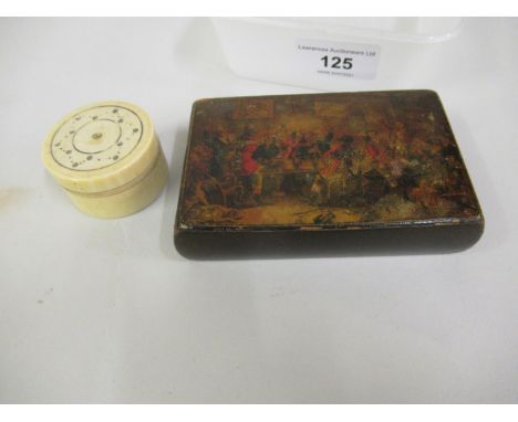 19th Century rectangular papier mache snuff box, the lid printed with figures in a tavern together with a small antique ivory