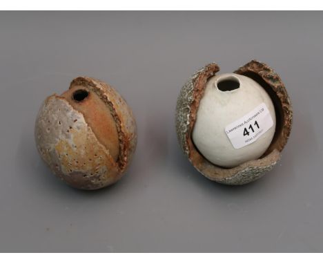 Alan Wallwork (1931 - 2019), two small seed pod vases with vase form inner linings, 3.75ins and 3.5ins respectively, incised 