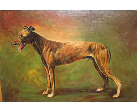 Oil on board, portrait of a greyhound in a landscape, ' Rainham Resolute ', 9ins x 13ins 