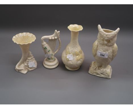 Group of three 20th Century Belleek porcelain vases together with a 20th Century Belleek porcelain model of a harp 