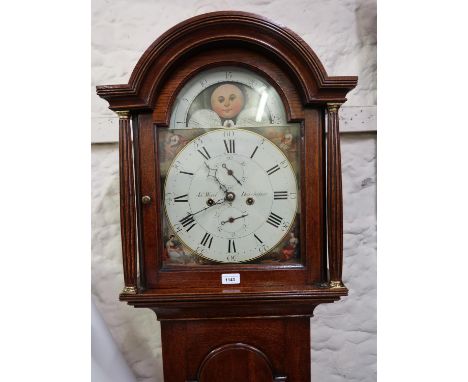 George III oak longcase clock, the broken arch hood with flanking pilasters above an arched moulded panel door and conforming