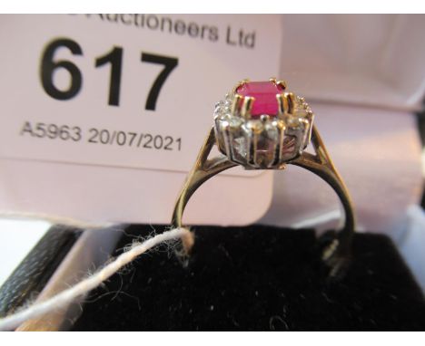 18ct Yellow gold ruby and diamond cluster ring 