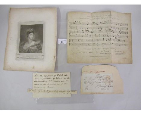 Princess Charlotte (1796 - 1817), daughter of George IV, four items including a sample of her handwriting, facsimile of a mus