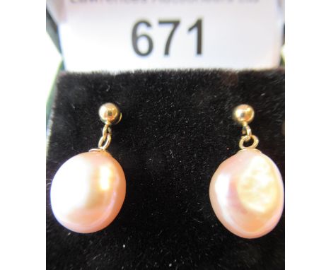 Pair of 9ct yellow gold pink and purple cultured pearl drop earrings 