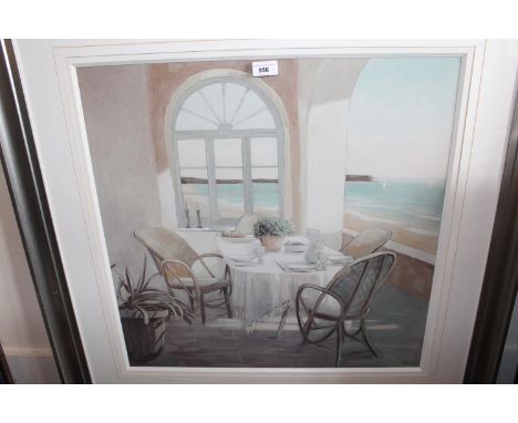 Adeline Fletcher, textured print, table and chairs on a beach house terrace, together with another, still life, a pair of pri