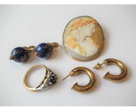 19th Century carved shell cameo portrait brooch (at fault) together with two 9ct gold mounted cloisonne charms, a pair of 9ct