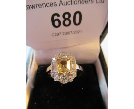 Platinum yellow sapphire and diamond cluster ring 