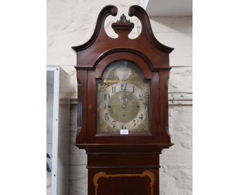 Early 20th Century mahogany and inlaid longcase regulator clock, the broken arch hood above an inlaid flush panel door with p