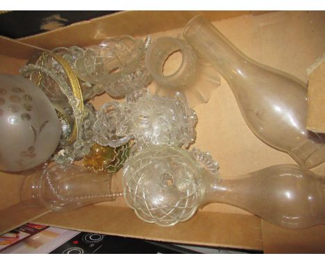 Etched glass shade and various glass light fittings, chimneys etc 