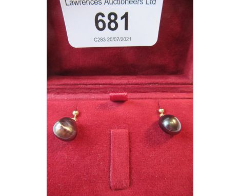 Pair of 9ct yellow gold black and purple cultured pearl drop earrings 