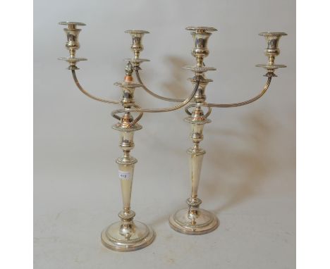 Pair of 19th Century plate on copper three light candelabra, 20ins high 