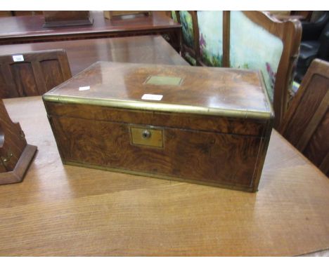 Victorian burr walnut and brass bound rectangular fold-over writing box, the hinged cover enclosing a fitted interior, 18ins 