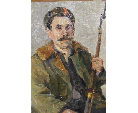 Russian oil on canvas laid on board, portrait of a gentleman holding a rifle, signed, inscribed and dated 1957 verso, 10ins x