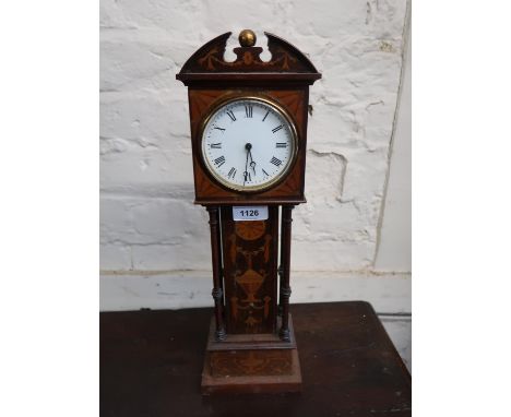 Edwardian rosewood and marquetry inlaid miniature longcase clock with a circular enamel dial, Roman numerals and French movem