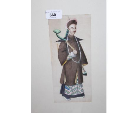 Two framed Chinese paintings on rice paper, portrait of a young lady and portrait of a deity, largest 11ins x 5.5ins 