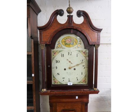 George III oak and mahogany crossbanded longcase clock, the arched hood with a swan neck pediment above a rectangular inlaid 